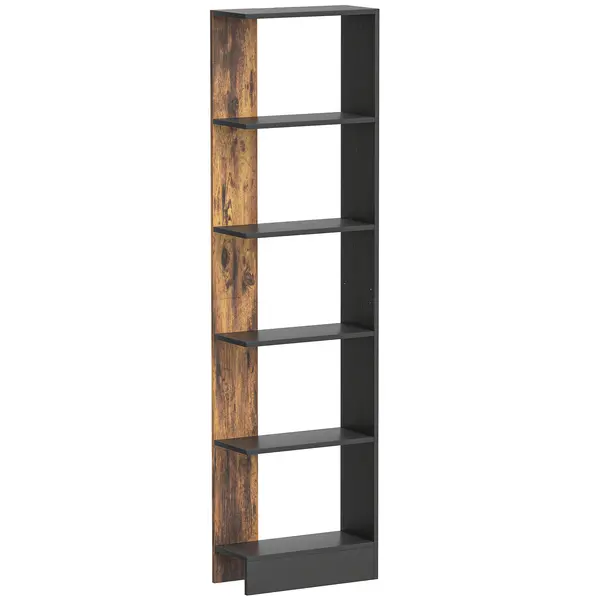 HOMCOM Raft Îngust cu 5 Etajere, Raft Economisitor de Spațiu Modern din Lemn, Bibliotecă pentru Baie, Living, Dormitor, Birou, 45x21x170 cm, Maro Rustic | Aosom Romania
