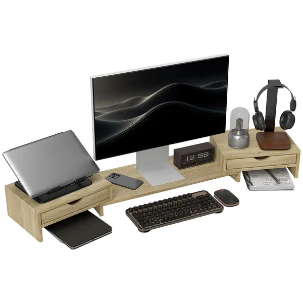 HOMCOM Rehausseur écran PC bureau support d'écran d'ordinateur de 60-116 cm cu 2 sertare, lungime și unghi reglabil | Aosom Romania