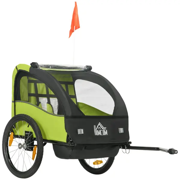 HOMCOM Remorcă pentru bicicletă pentru copii +18 luni cu centură de siguranță sistem de amortizare 140x88x90 cm Verde | Aosom Romania