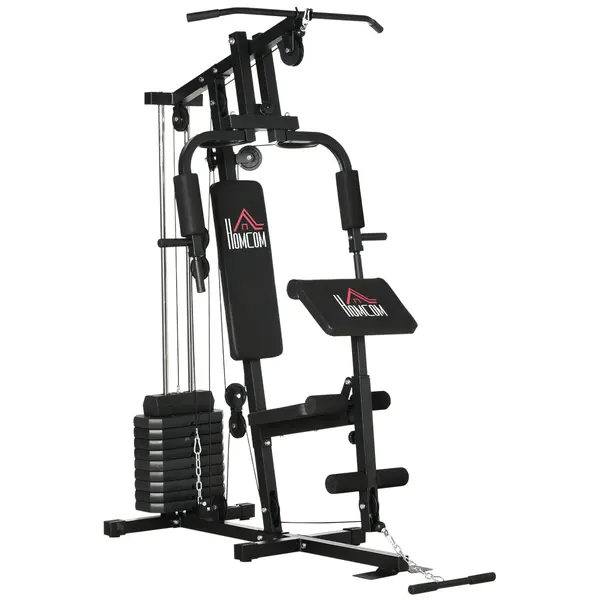 HOMCOM Sală de Gimnastică Multifuncțională cu Greutăți, Aparat Fitness Acasă cu Stivă de Greutăți de 45 kg, Echipament Sportiv Compact | Aosom Romania