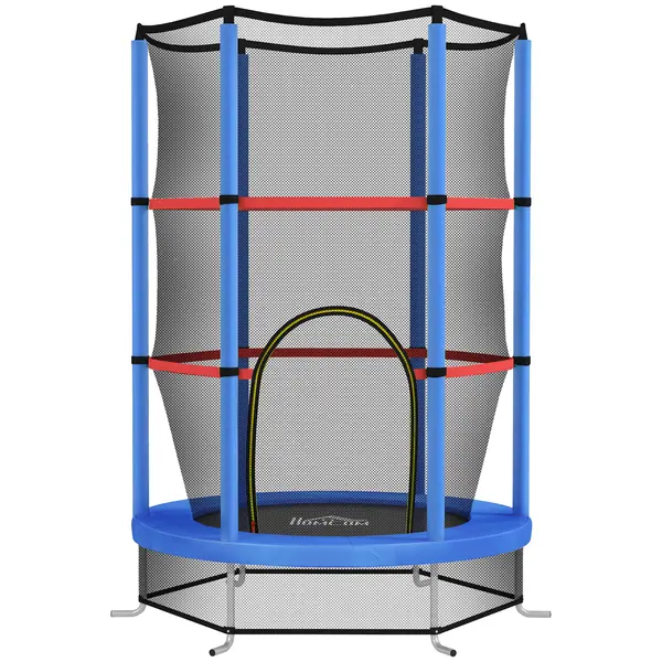 HOMCOM Saltea Elastică pentru Copii 3-6 Ani cu Plasă de Protecție, 6 Stâlpi și 3 Intrări, Ø140x190 cm, Albastru | Aosom Romania