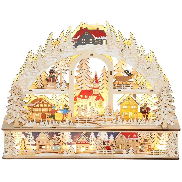 HOMCOM Sat de Crăciun iluminat cu 20 LED, sat de Crăciun animat în arc, funcționează pe baterii, 45 x 10 x 35 cm, lemn natural | Aosom Romania