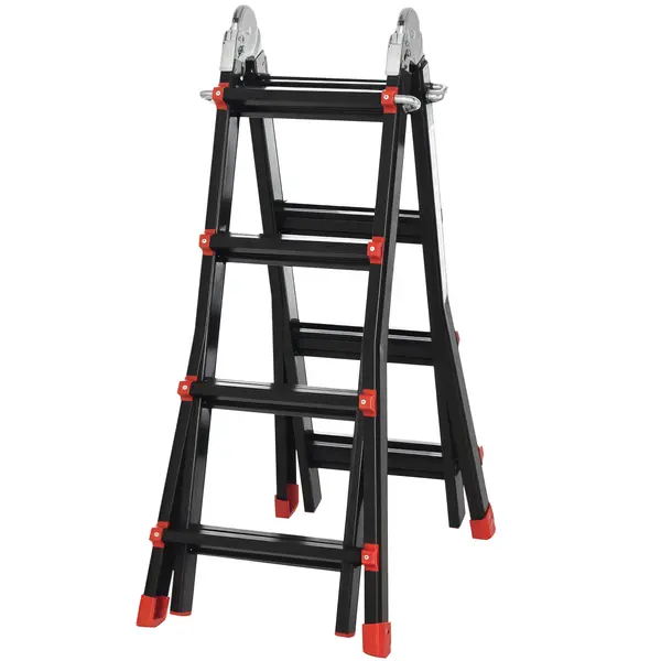 HOMCOM Scară telescopică, trepte antialunecare, rezistentă până la 150 kg, aluminiu, Negru+Roșu | Aosom Romania
