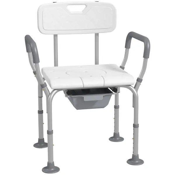 HOMCOM Scaun Baie cu Spătar și Brațe, Toaletă cu Înălțime Reglabilă, Scaun Toaletă cu Plăcuță de Picior, 53,5x46x70-82,5 cm, Alb | Aosom Romania