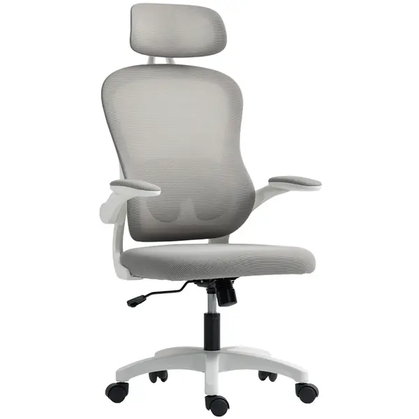 HOMCOM Scaun birou ergonomic cu spătar din plasă, reglabil pe înălțime, cotiere rabatabile, 5 roți, funcție balans, Gri | Aosom Romania