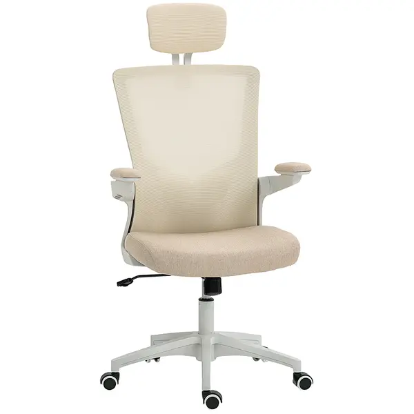 HOMCOM Scaun birou ergonomic, scaun de birou, cotiere rabatabile, suport lombar, tetieră, 60x63x120cm, bej | Aosom Romania