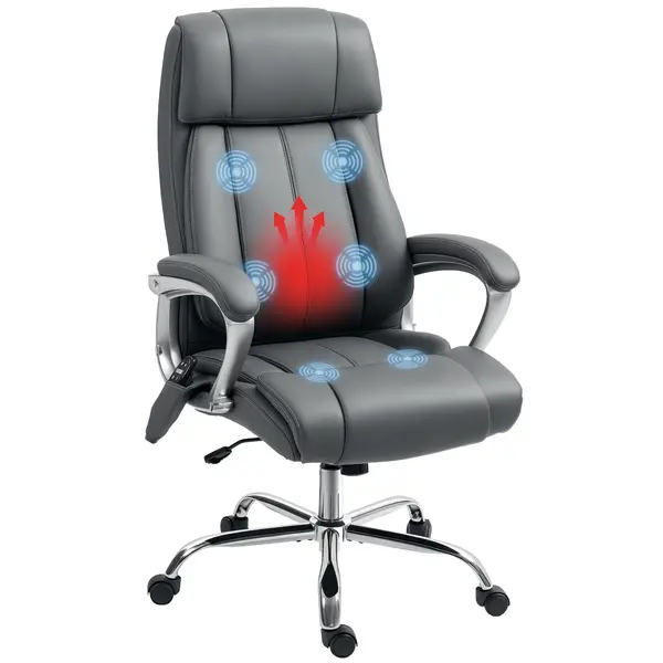 HOMCOM Scaun de Birou cu Masaj în 6 Puncte, Vibrant și Înclinabil, cu Buzunar și Telecomandă, 66x72x113-121 cm, Gri | Aosom Romania