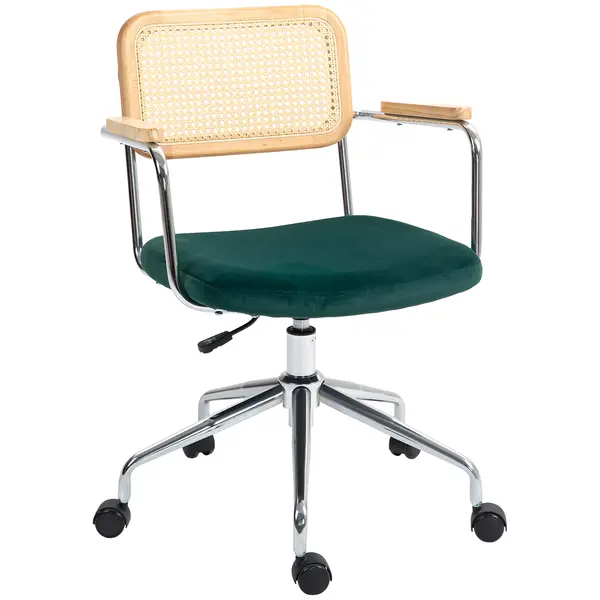 HOMCOM Scaun de birou, design boho, brațe din lemn, rotativ, reglabil, până la 120 kg, oțel, Verde | Aosom Romania