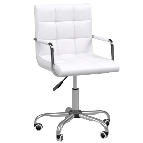 HOMCOM Scaun de Birou din Piele PU cu 5 Rotile Pivotante, Capitonaj și Înălțime Reglabilă, 52,5x54x84-99 cm, Alb | Aosom Romania