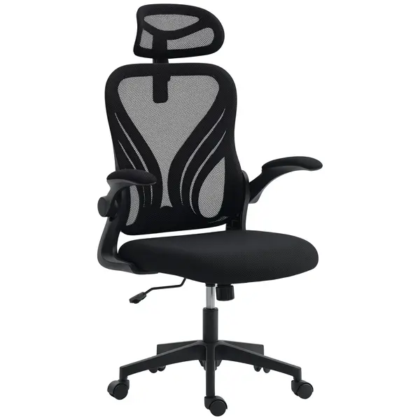 HOMCOM Scaun de Birou Ergonomic cu Brațe Rabatabile și Spătar Pliabil, Scaun de Birou cu Funcție Balansoar, Tetieră Reglabilă, Șezut Rotativ, Negru | Aosom Romania