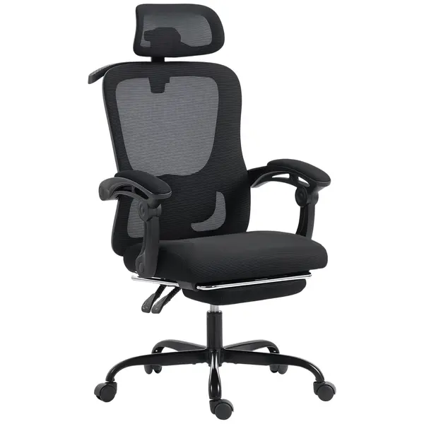 HOMCOM Scaun de birou ergonomic, fotoliu din plasă cu tetieră reglabilă, suport lombar, 64x64x124cm, negru | Aosom Romania