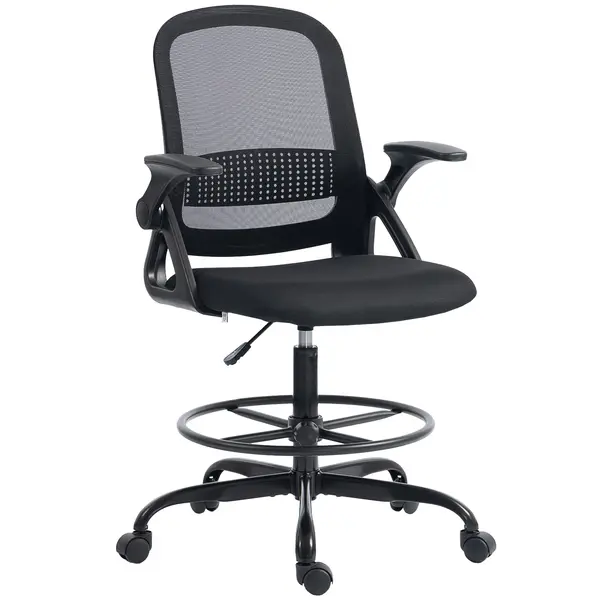HOMCOM Scaun de Birou Ergonomic, Scaun Rotativ din Plasă, Înălțime Reglabilă și Suport pentru Picioare, Scaun de Birou cu Suport Lombar și Brațe Rabatabile, Capacitate 120kg, Negru | Aosom Romania
