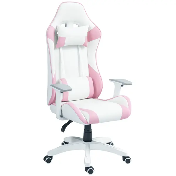 HOMCOM Scaun de Gaming, Design Curse, Inclinabil, Reglabil în Înălțime, Piele Ecologică, 67A x 60L x 120-128Î cm, Roz/Alb | Aosom Romania