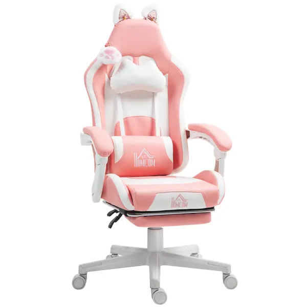 HOMCOM Scaun de Gaming Ergonomic cu Urechi de Pisică, Suport pentru Picioare și Suport Lombar, 65x62x116-124 cm, Roz | Aosom Romania
