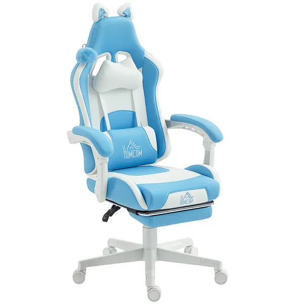 HOMCOM Scaun de gaming reclinabil cu suport pentru picioare și perne, 65x62x124 cm, alb și albastru | Aosom Romania