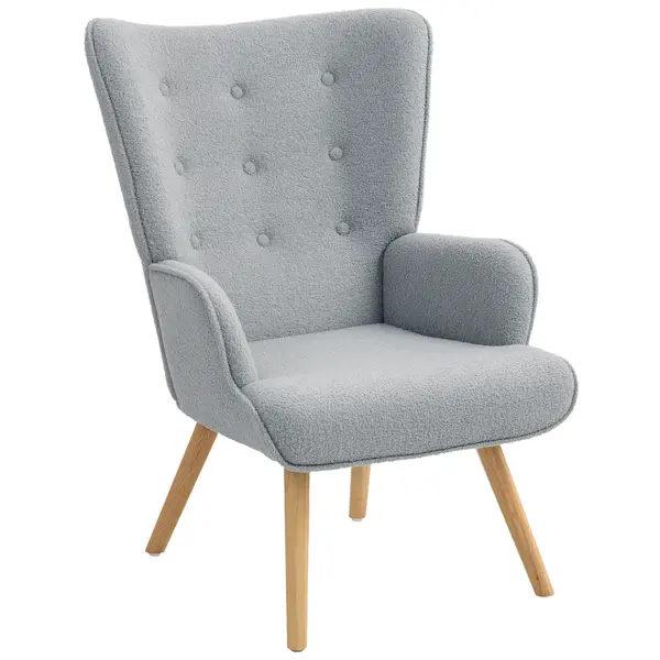 HOMCOM Scaun de salon din material textil bouclette, scaun capitonat și umplut cu picioare din lemn, 71 x 74 x 96 cm, gri deschis | Aosom Romania