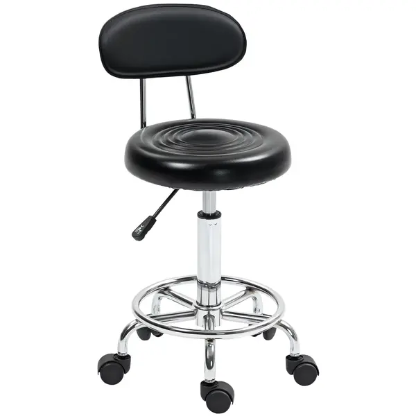 HOMCOM Scaun Rotativ Reglabil la 360°, Scaun Estetician cu Spătar, Roți și Suport pentru Picioare, din Oțel, Piele Sintetică, 32x40x70-86 cm, Negru | Aosom Romania