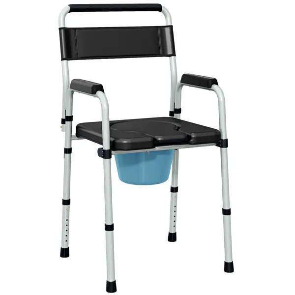 HOMCOM Scaun Toaletă Pliabil cu Găleată Detașabilă, Brațe și Spătar din Oțel și Piele PU, 52,5x46x81,5-97 cm, Negru | Aosom Romania