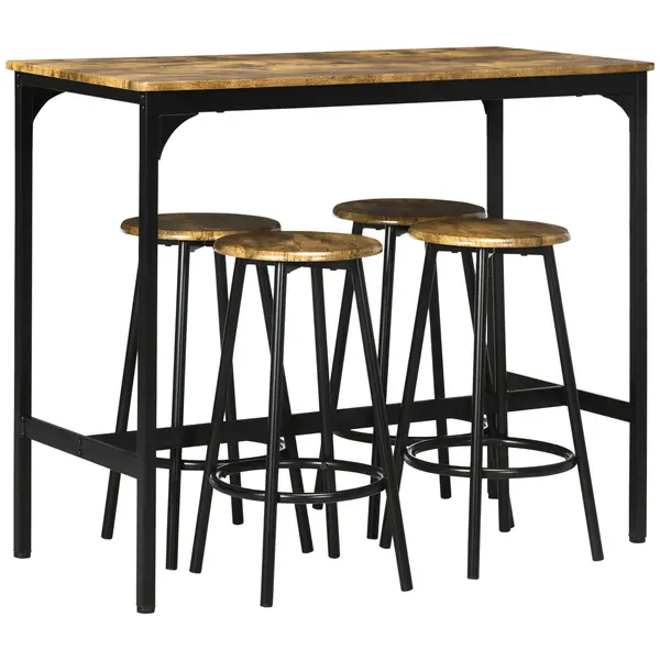HOMCOM Scaune bar si Masa Bar, 5 piese, cu 4 Scaune Rotunde, Economie de Spațiu, Design Rustic Maro, pentru Bucătărie | Aosom Romania