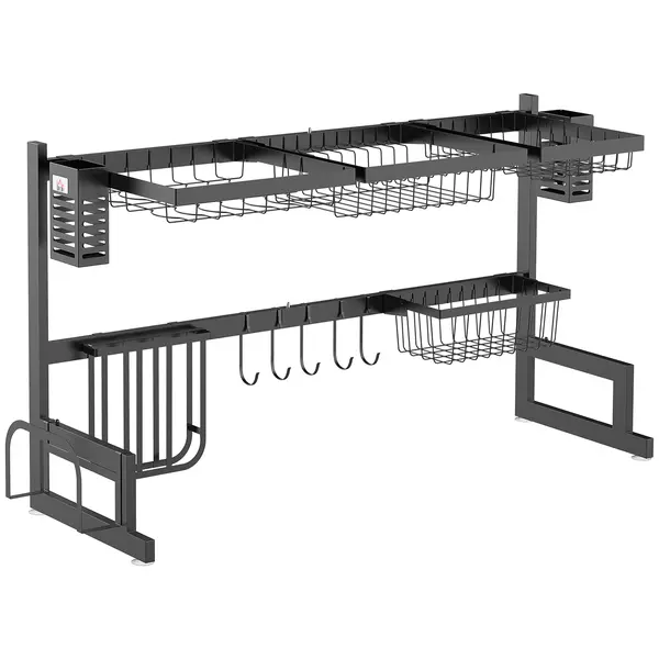HOMCOM Scurgător de vase 2 nivele suport pentru cuțit suport pentru plachă de tăiat 93 x 30 x 52,5 cm oțel negru | Aosom Romania