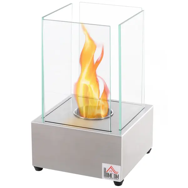 HOMCOM Șemineu de Masă cu Bioetanol de 0.4L, Sobă din Oțel și Sticlă pentru Spații Înterioare și Exterioare, 20x20x33 cm, Argintiu | Aosom Romania