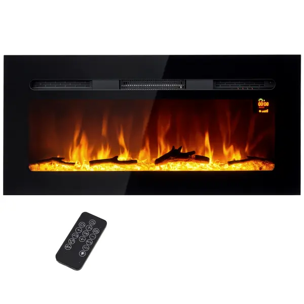 HOMCOM Șemineu Electric cu Telecomandă, Flacără și Iluminare Reglabilă din Oțel și Sticlă Călită, 91,4x15,8x45 cm, Negru | Aosom Romania