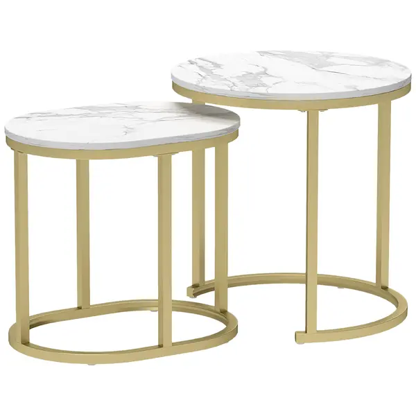 HOMCOM Set 2 Măsuțe de Cafea cu Blat cu Efect de Marmură din MDF și Oțel, Ø50x50.5 cm și 60x36x43.5 cm, Alb și Auriu | Aosom Romania