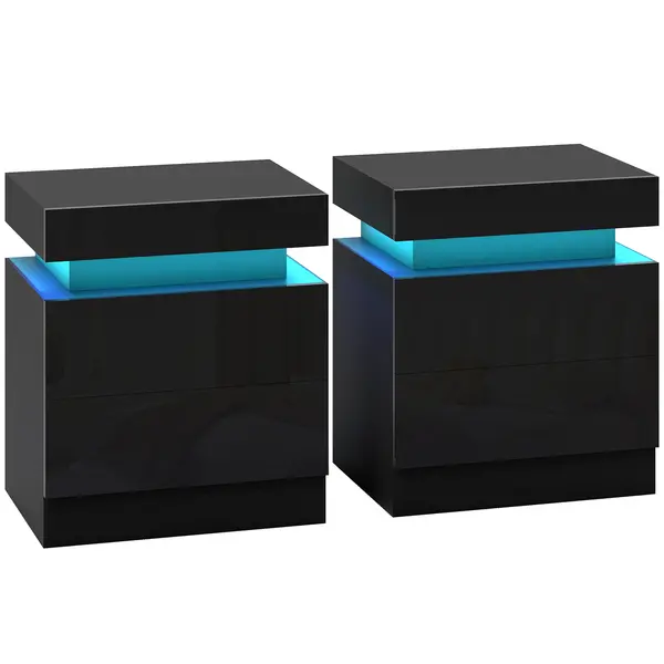 HOMCOM Set 2 Noptiere cu LED și 4 Moduri, 2 Sertare, Lemn, 45x35x52 cm, Negru Lucios | Aosom Romania