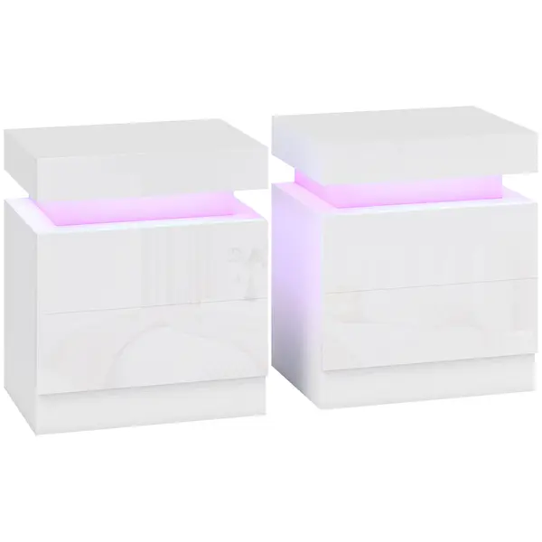 HOMCOM Set 2 Noptiere LED cu 4 Moduri, 2 Sertare, PAL, 45x35x52 cm, Alb Lucios | Aosom Romania