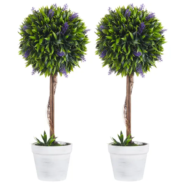 HOMCOM Set 2 Plante Artificiale Sferice cu Flori de Lavandă şi Vas, Ø24x60 cm, Verde | Aosom Romania