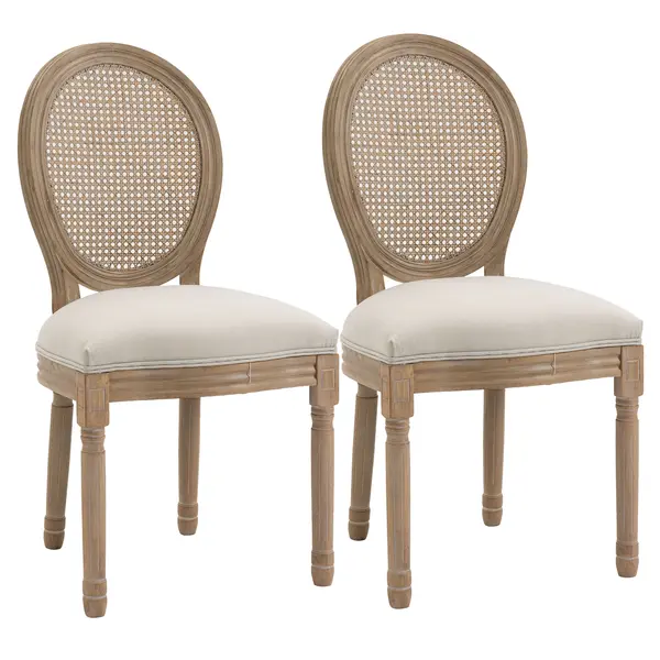 HOMCOM Set 2 Scaune cu Spătar Perforat, în Stil Vintage cu Tapițerie din Poliester, 49x56x97 cm, Alb-Lemn | Aosom Romania