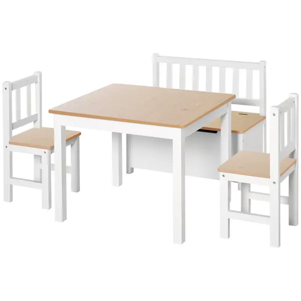 Homcom Set 4 Pezzi Tavolino con Sedie e Panca Portaoggetti per Bambini in Legno