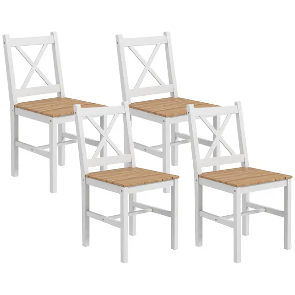 HOMCOM Set 4 Scaune cu Spătar Transversal, Scaune Clasice din Lemn de Pin, 41x46.5x87 cm, Alb | Aosom Romania