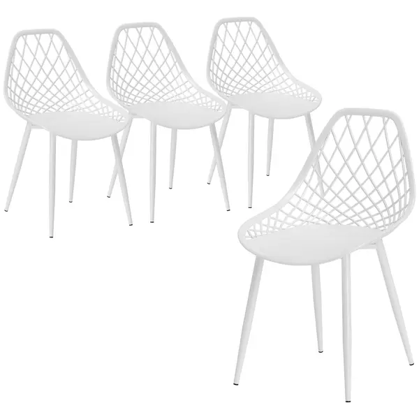 HOMCOM Set 4 Scaune Moderne cu Spătar Perforat din Plastic și Metal Alb | Aosom Romania