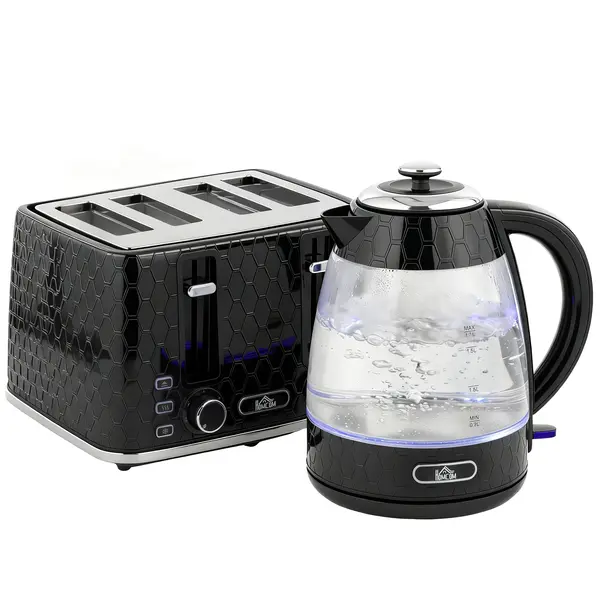 HOMCOM Set cu fierbător rapid 1,7L 2200W și prăjitor cu 4 fante cu filtru anticalcar, Negru | Aosom Romania