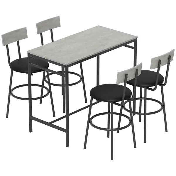 HOMCOM Set cu Masă Înaltă și 4 Scaune de Bar cu Spătar Stil Industrial Gri | Aosom Romania