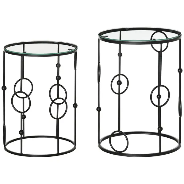 HOMCOM Set de 2 Măsuțe de Cafea Stivuibile din Metal și Sticlă Securizată, Design Modern Ø41x57cm și Ø36x51cm, Negru | Aosom România