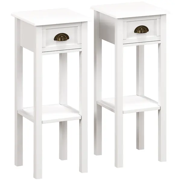 HOMCOM Set de 2 măsuțe laterale Masă de noptieră stil sofisticat cu sertar, etajeră inferioară, 30 x 30 x 75 cm, alb | Aosom Romania