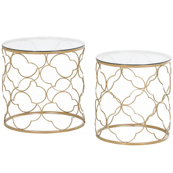 HOMCOM Set de 2 Masute pentru Salon care se pot Stivui Art Deco, Masute de Cafea din Metal cu Blat din Sticla Securizata, Auriu | Aosom Romania
