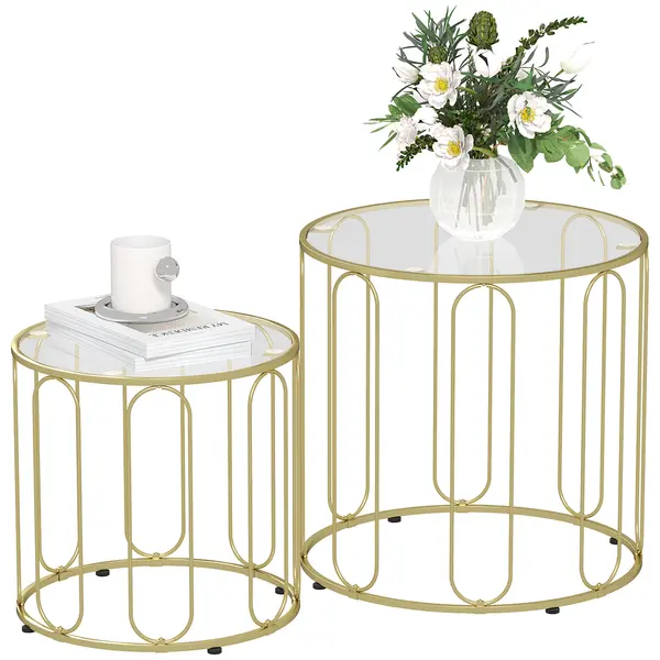 HOMCOM Set de 2 mese de cafea gigogne rotunde moderne cu cadru din metal și blat din sticlă securizată, ton auriu | Aosom Romania