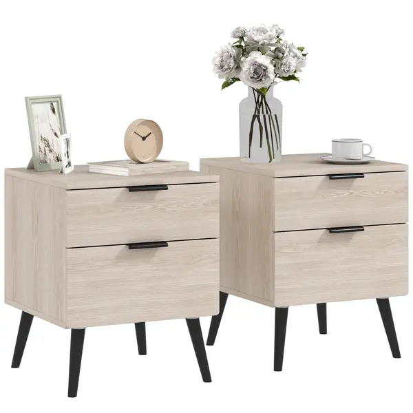 HOMCOM Set de 2 Noptiere cu 2 Sertare pentru Dormitor sau Camera de Zi, 40x40x50 cm, Lemn Natural | Aosom Romania