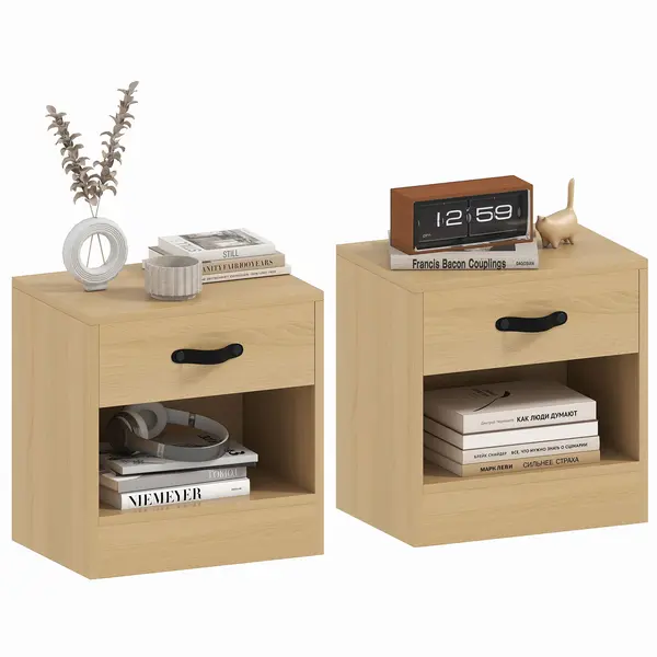 HOMCOM Set de 2 Noptiere cu Sertar și Compartiment Deschis pentru Sufragerie 39x28x41 cm Natural | Aosom Romania