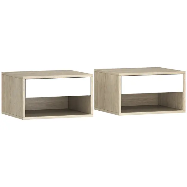 HOMCOM Set de 2 noptiere montate pe perete, noptiere, sertar, compartiment deschis, blat, 37 x 32 x 21 cm, lemn natural | Aosom Romania