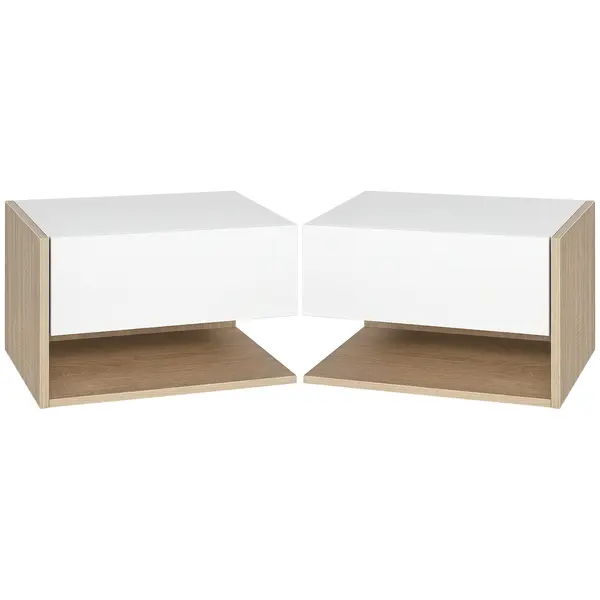 HOMCOM Set de 2 Noptiere murale - Set de 2 Noptiere - Sertar Glisant, Raft, Bicolor Aspect stejar Alb | Aosom Romania