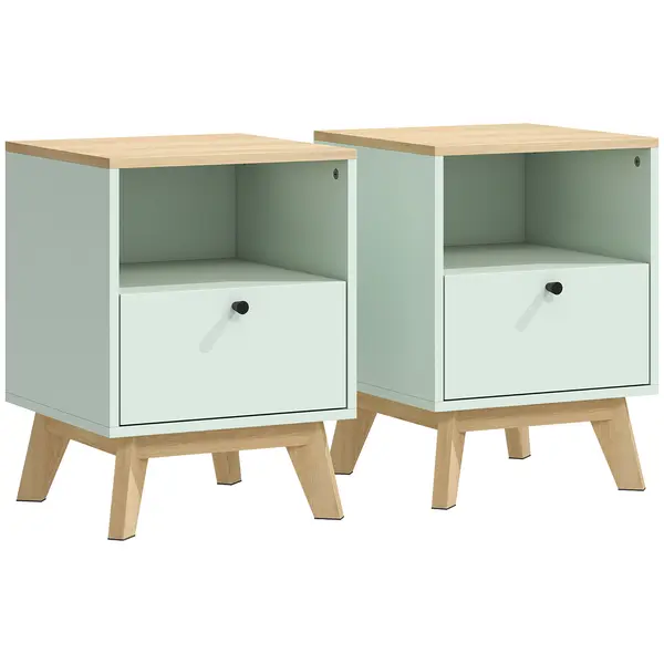 HOMCOM Set de 2 noptiere, noptiere cu sertar și compartiment deschis, 40 x 40 x 55 cm, stejar și verde deschis | Aosom Romania