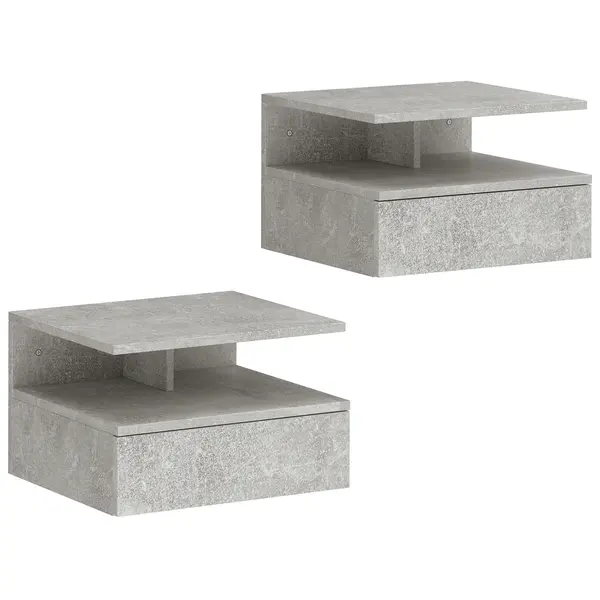 HOMCOM Set de 2 Noptiere Suspendate cu Sertar și Raft Deschis, 35x32x22.5 cm, Gri Ciment | Aosom Romania