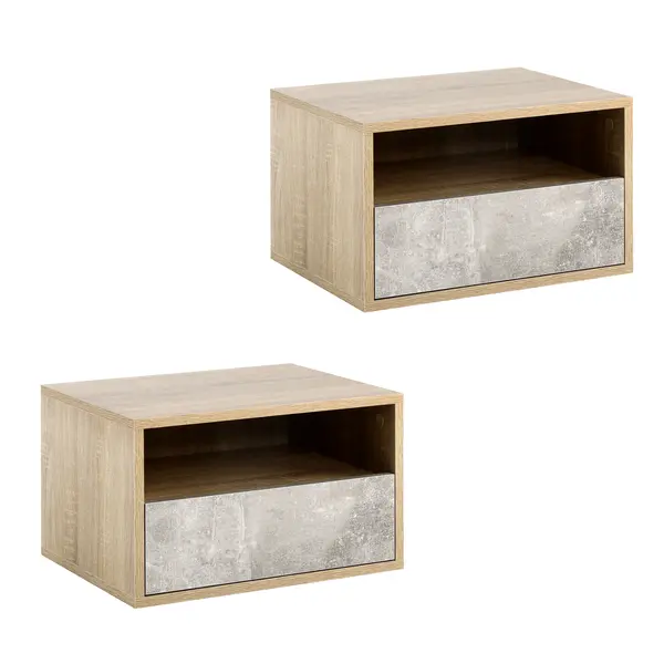 HOMCOM Set de 2 Noptiere Suspendate din Lemn cu Sertar și Raft Deschis, Design Modern, Gri și Lemn, Dimensiuni 45x35x27.5cm | Aosom Romania