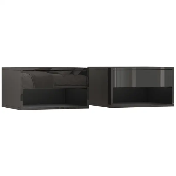 HOMCOM Set de 2 Noptiere suspendate Noptiere cu sertar pentru dormitor 37x32x21 cm Negru lucios | Aosom Romania