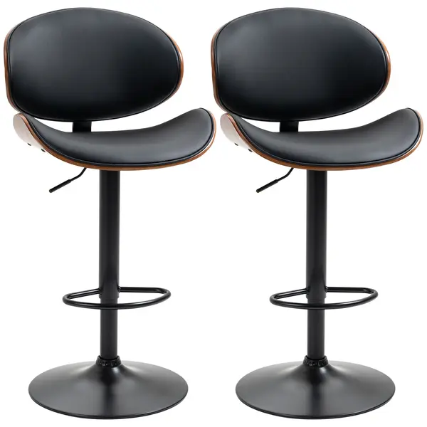 HOMCOM Set de 2 Scaune de Bar cu Spătar Reglabil pe Înălțime, Lemn și Piele Ecologică, 53x52x92-112 cm, Negru | Aosom Romania