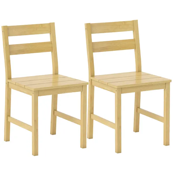 HOMCOM Set de 2 Scaune de Masă din Bambus, Scaune de Bucătărie cu Spătar Curbat, Șezut cu Lamele, Scaun pentru Bucătărie, Dormitor, Living, Culoare Naturală | Aosom Romania